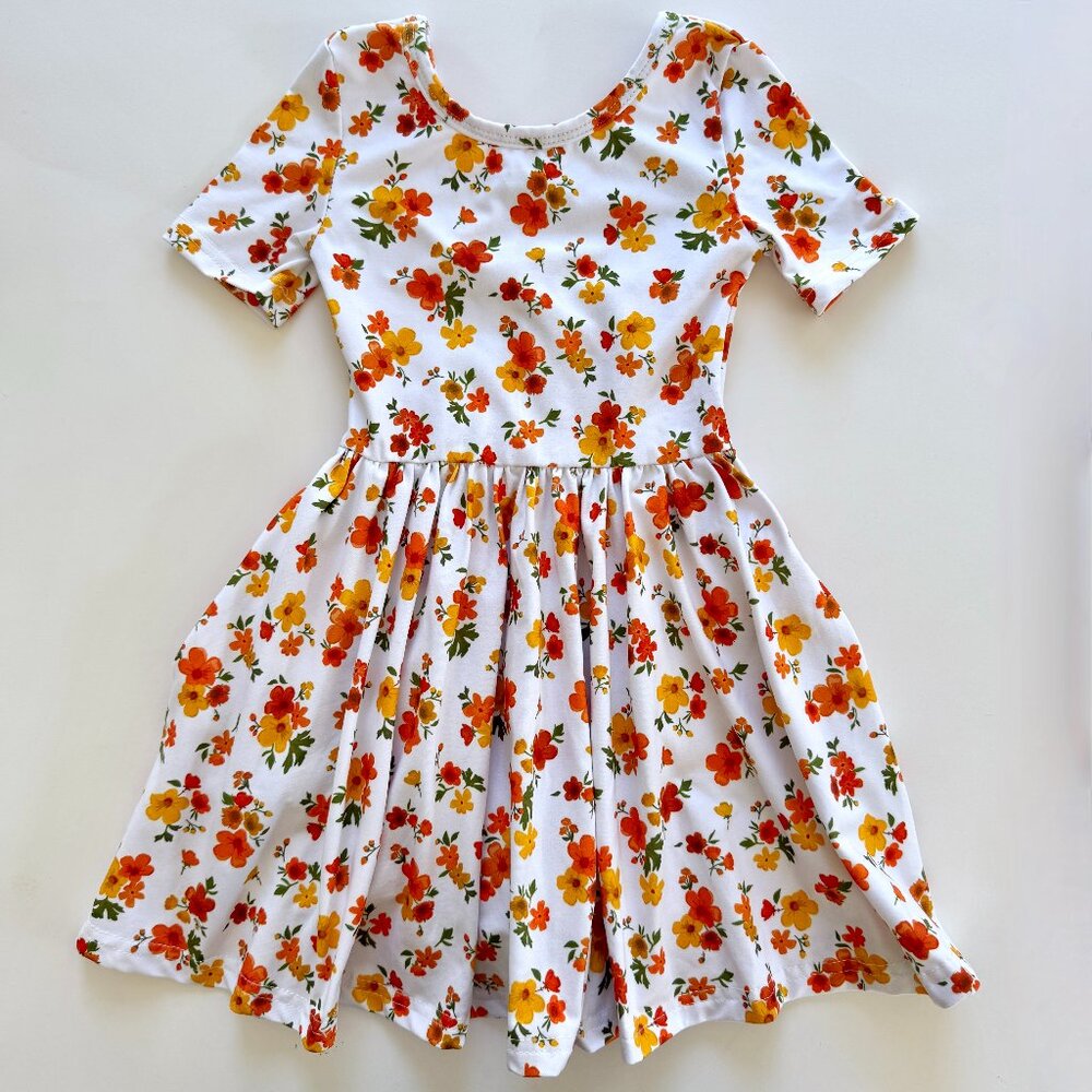 Girlhood Twirl Dress | Orange & Yellow Floral | Short Sleeve | Size 2